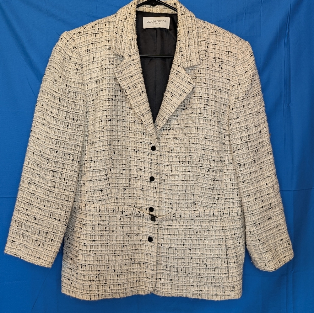 Liz Claiborne Tweed Suit Jacket Beige Black XXL Lined Snap Close EUC